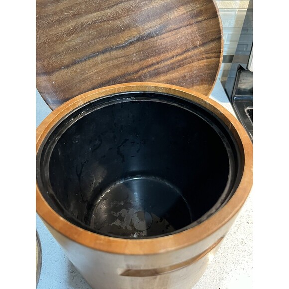 Vintage MCM Wooden Ice Bucket EUC Carved Handles Golden Insert UnSigned 50s - Picture 5 of 8